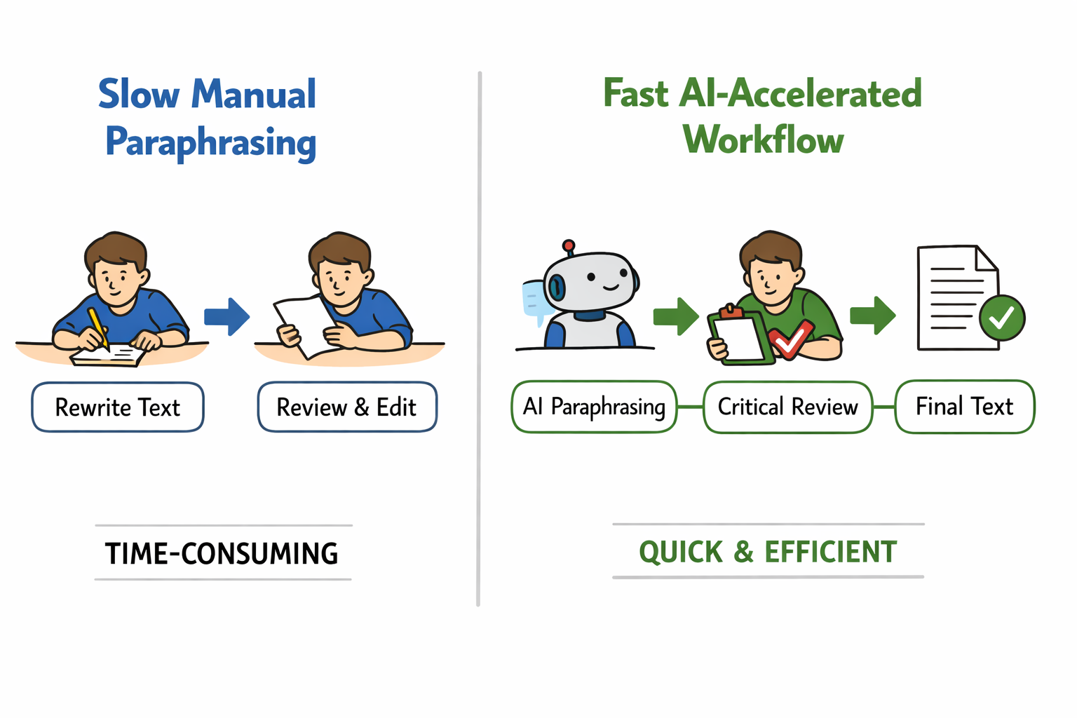 Comparison of slow manual paraphrasing workflow vs fast AI-accelerated workflow with critical review step